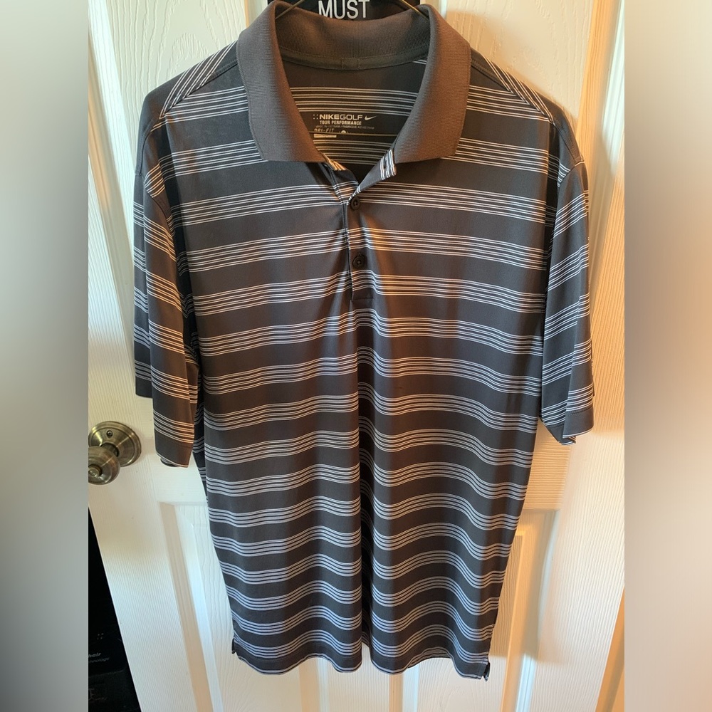 Nike Golf Tour Dri-fit Men's Polo Shirt Size Large Lg L in Gray & White Stripes